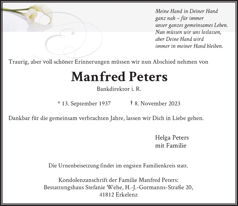  Traueranzeige für Manfred Peters vom 18.11.2023 aus Rheinische Post