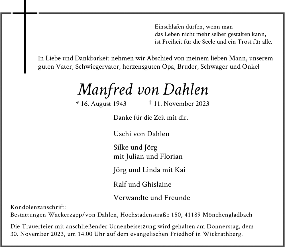  Traueranzeige für Manfred von Dahlen vom 25.11.2023 aus Rheinische Post