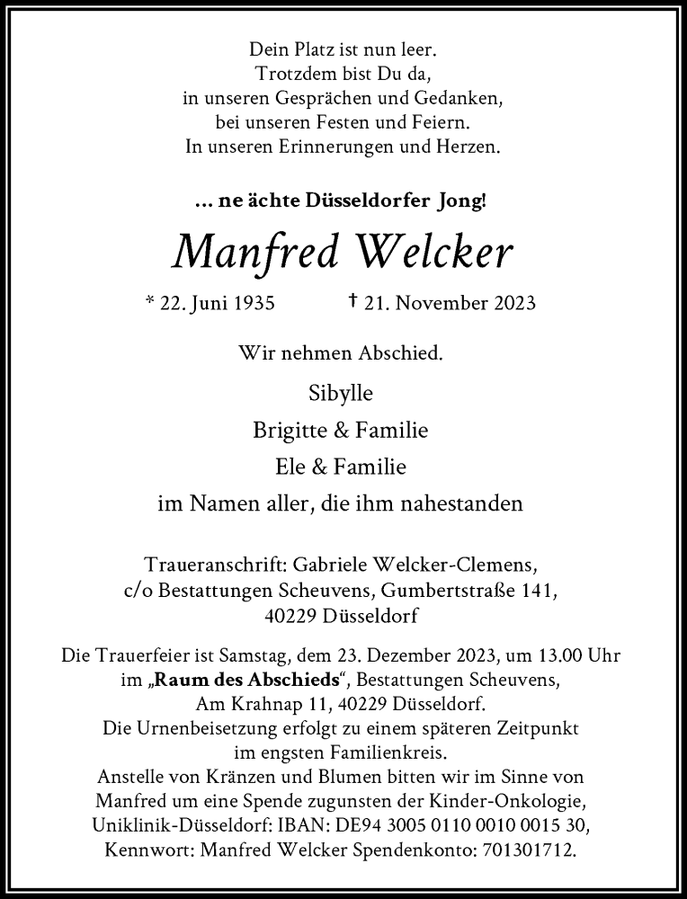  Traueranzeige für Manfred Welcker vom 02.12.2023 aus Rheinische Post