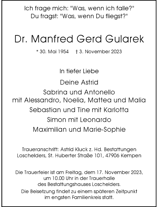 Traueranzeige von Manfred Gerd Gularek von Rheinische Post