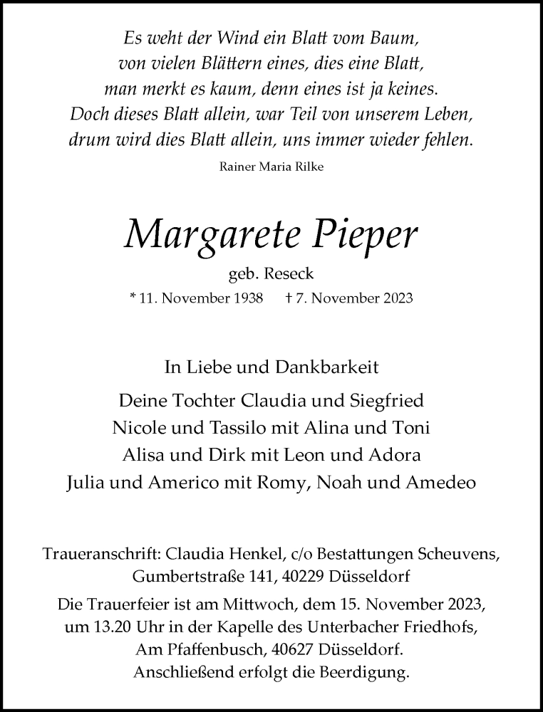  Traueranzeige für Margarete Pieper vom 11.11.2023 aus Rheinische Post
