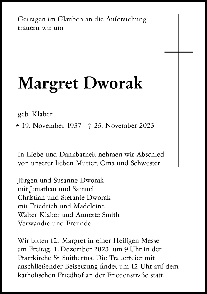 Traueranzeige für Margret Dworak vom 29.11.2023 aus Rheinische Post
