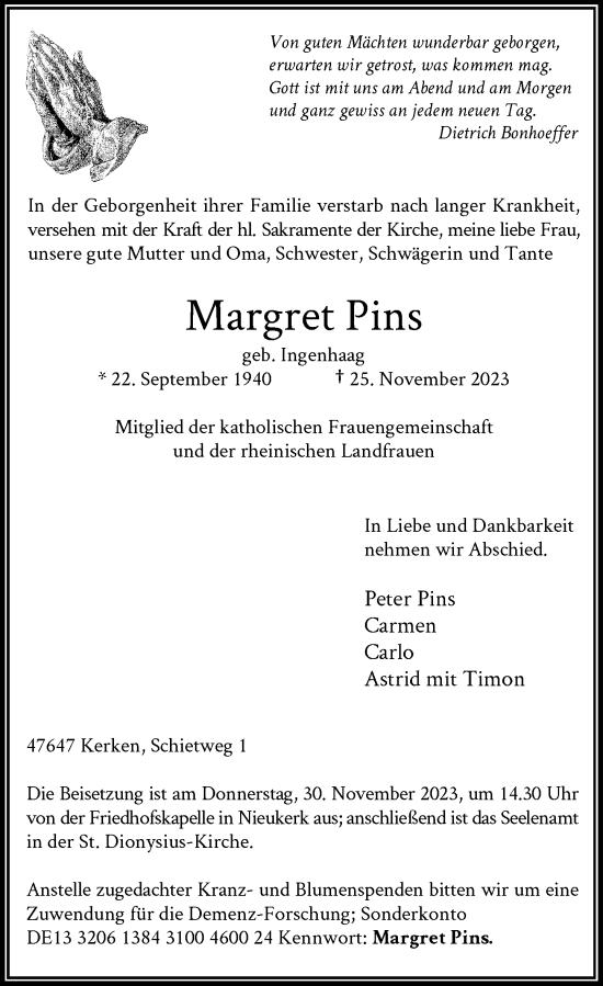 Traueranzeige von Margret Pins von Rheinische Post