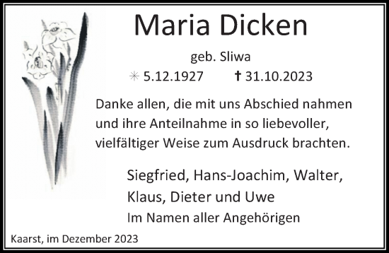 Traueranzeige von Maria Dicken von Rheinische Post