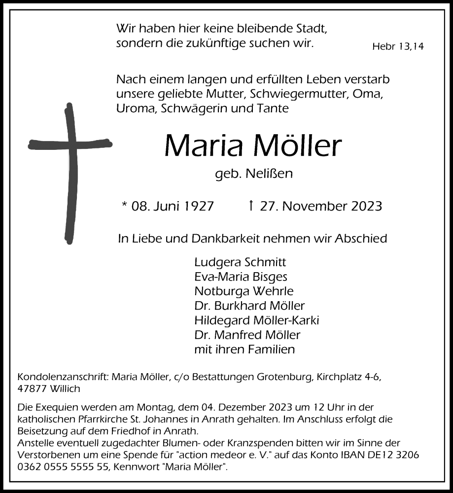  Traueranzeige für Maria Möller vom 02.12.2023 aus Rheinische Post