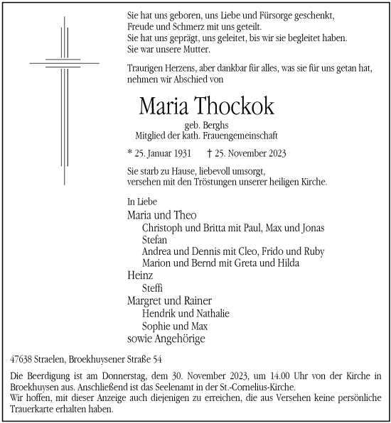 Traueranzeige von Maria Thockok von Rheinische Post