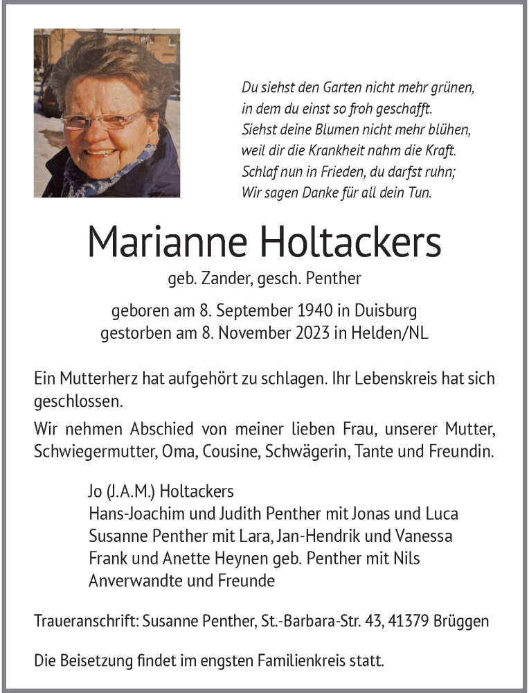  Traueranzeige für Marianne Holtackers vom 11.11.2023 aus Rheinische Post