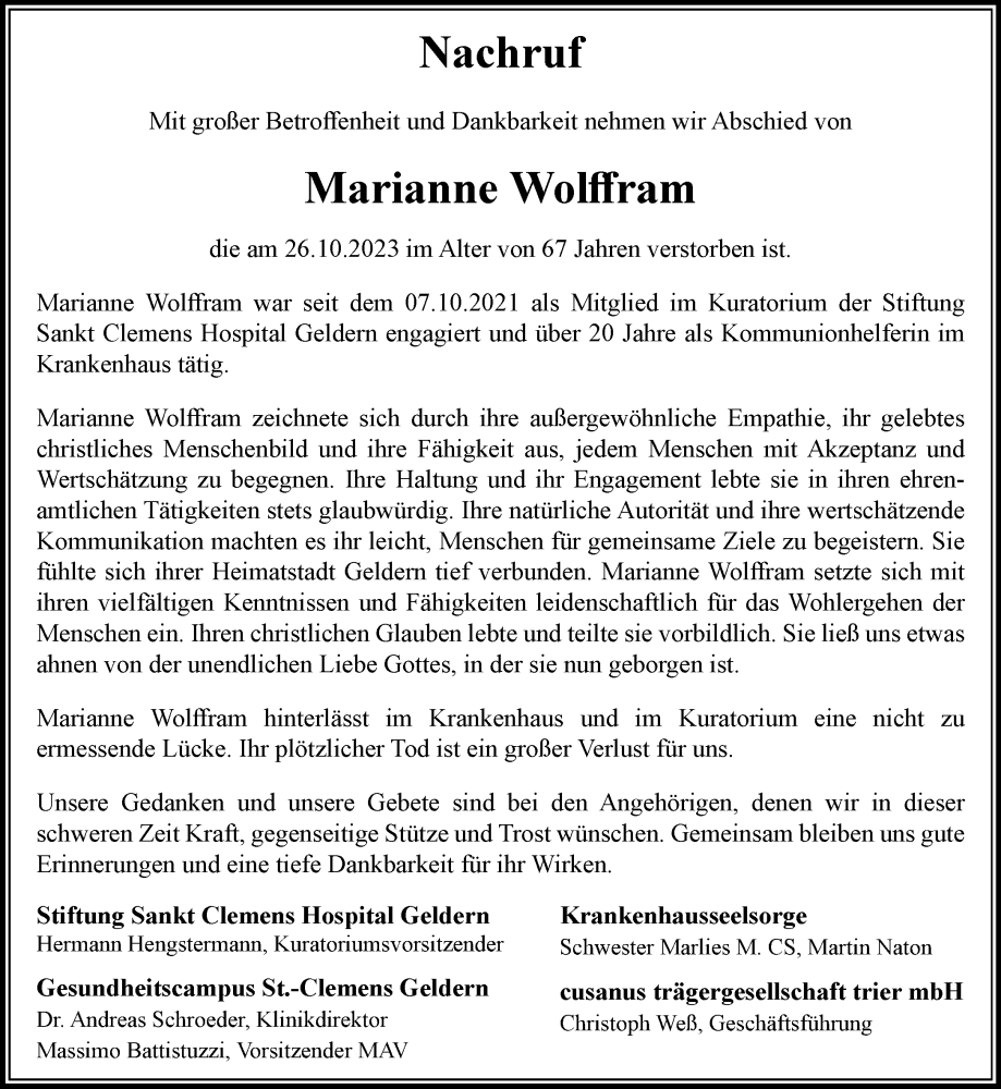  Traueranzeige für Marianne Wolffram vom 04.11.2023 aus Rheinische Post