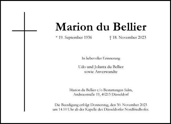 Traueranzeige von Marion du Bellier von Rheinische Post