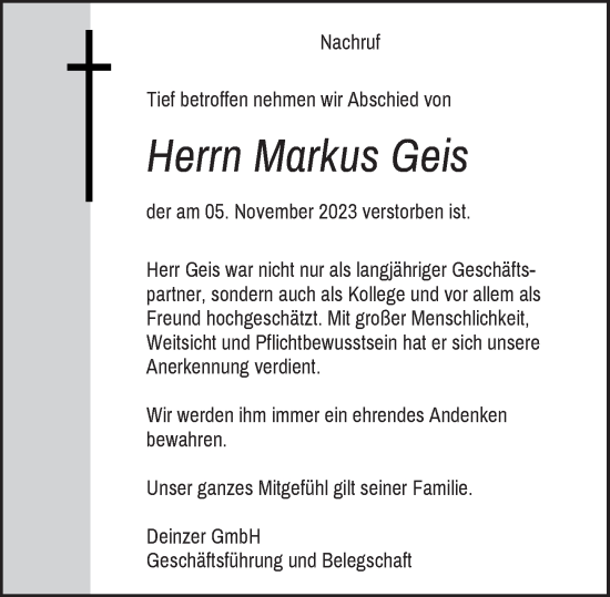 Traueranzeige von Markus Geis von Rheinische Post