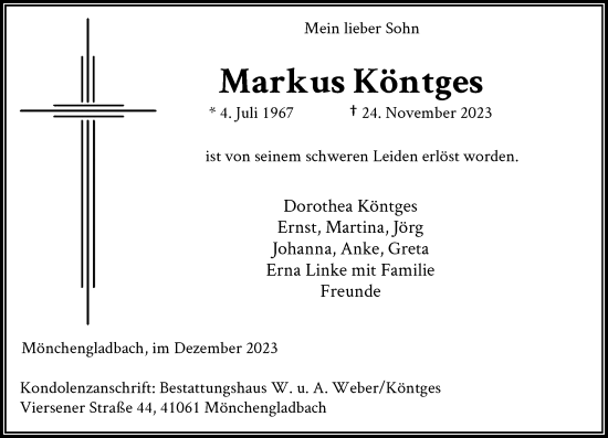 Traueranzeige von Markus Köntges von Rheinische Post