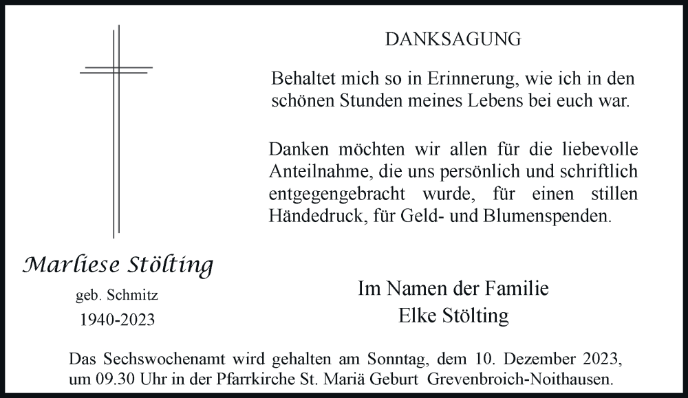  Traueranzeige für Marliese Stölting vom 02.12.2023 aus Rheinische Post