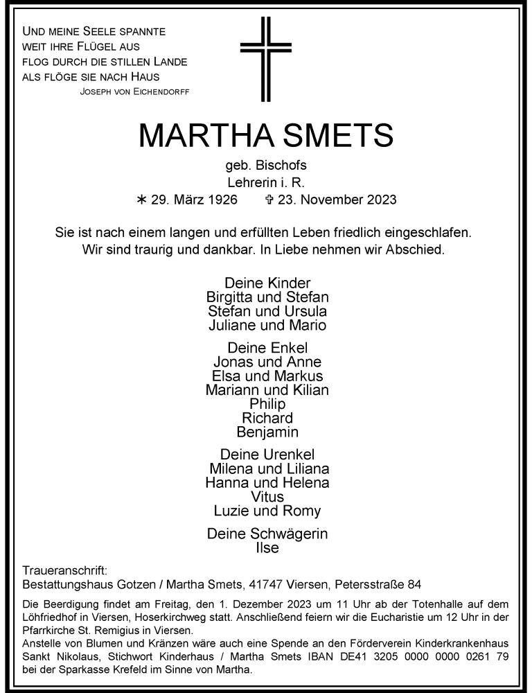  Traueranzeige für Martha Smets vom 29.11.2023 aus Rheinische Post
