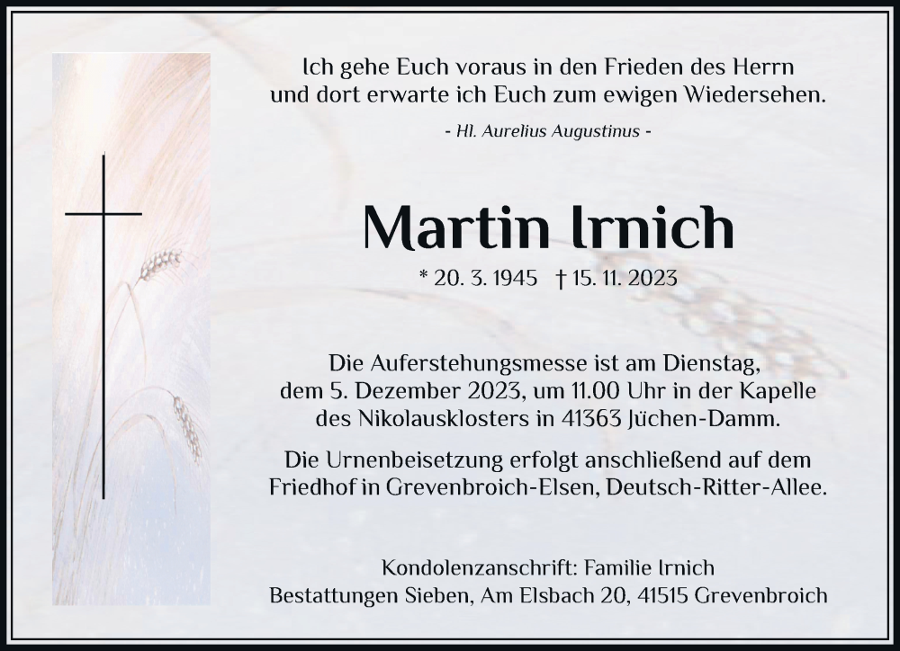  Traueranzeige für Martin Irnich vom 25.11.2023 aus Rheinische Post