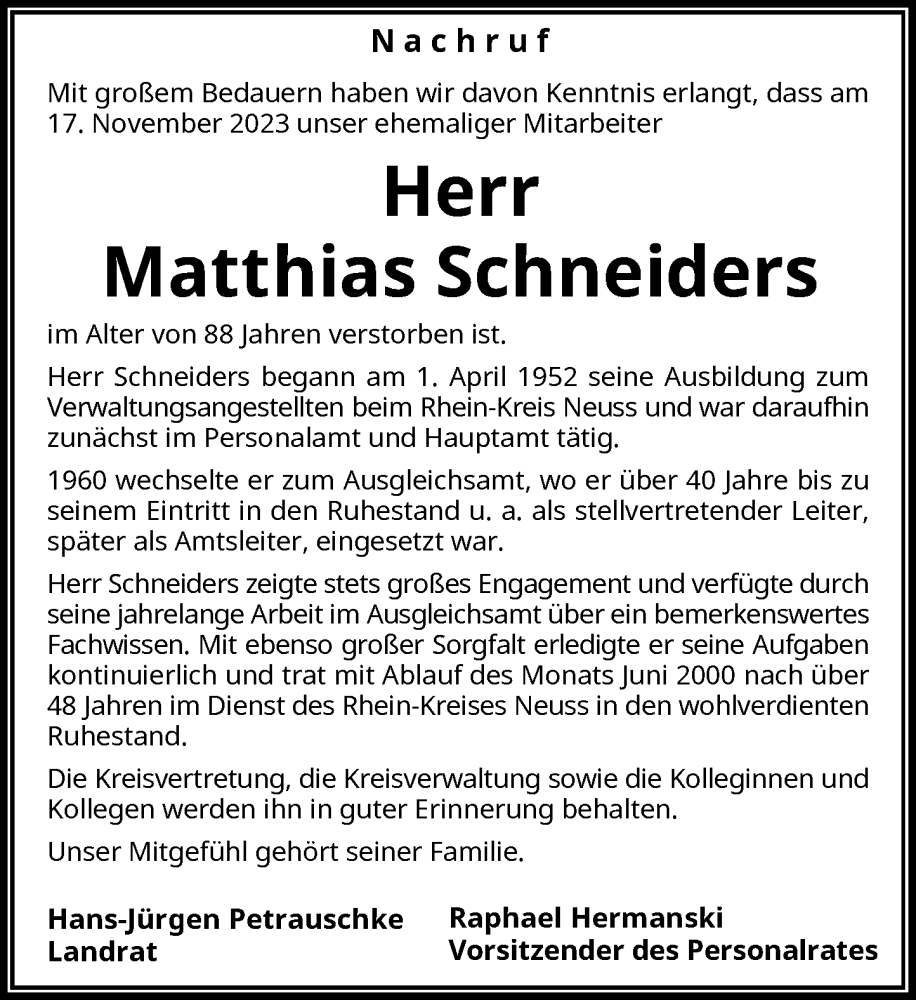  Traueranzeige für Matthias Schneiders vom 29.11.2023 aus Rheinische Post