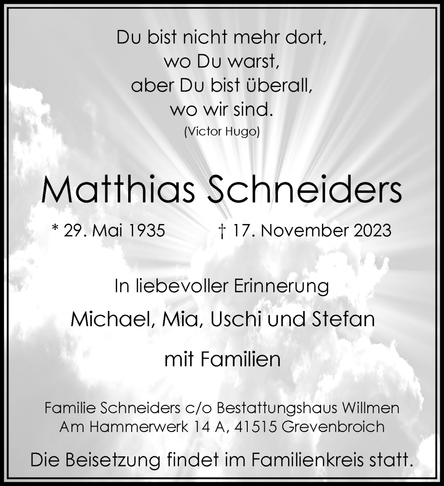  Traueranzeige für Matthias Schneiders vom 25.11.2023 aus Rheinische Post