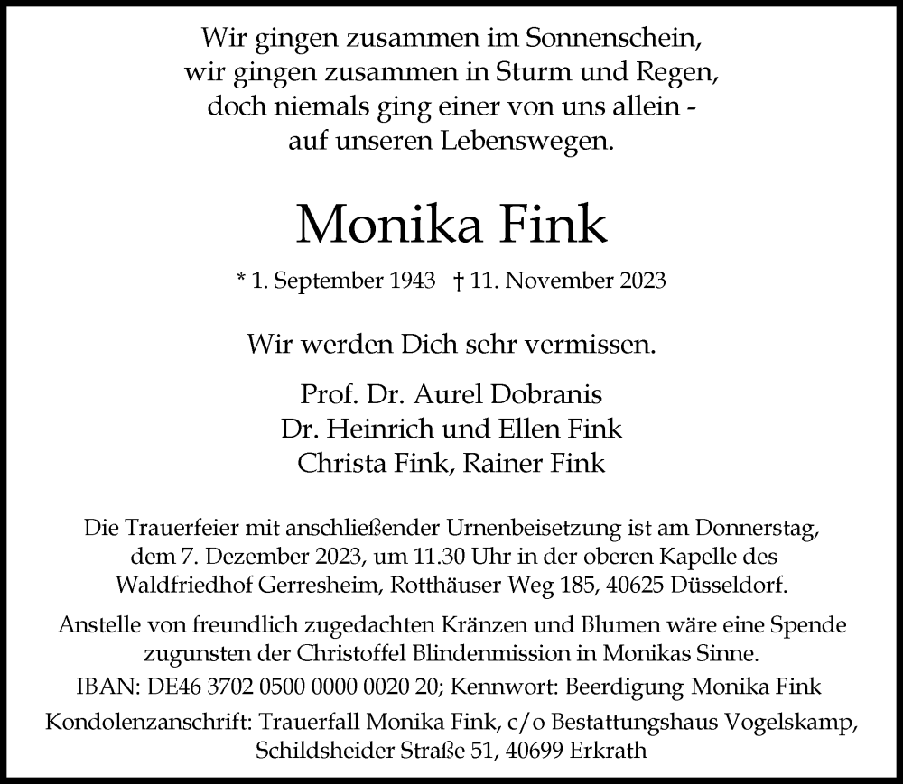  Traueranzeige für Monika Fink vom 02.12.2023 aus Rheinische Post