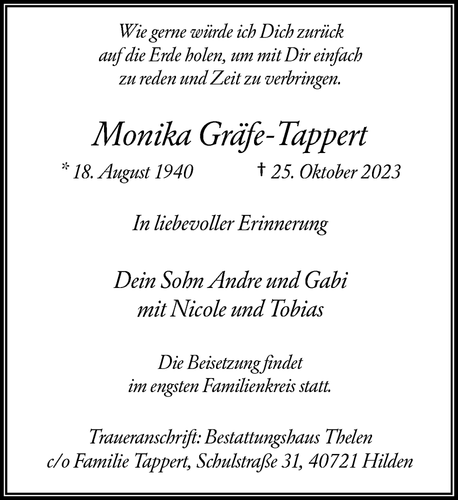  Traueranzeige für Monika Gräfe-Tappert vom 18.11.2023 aus Rheinische Post