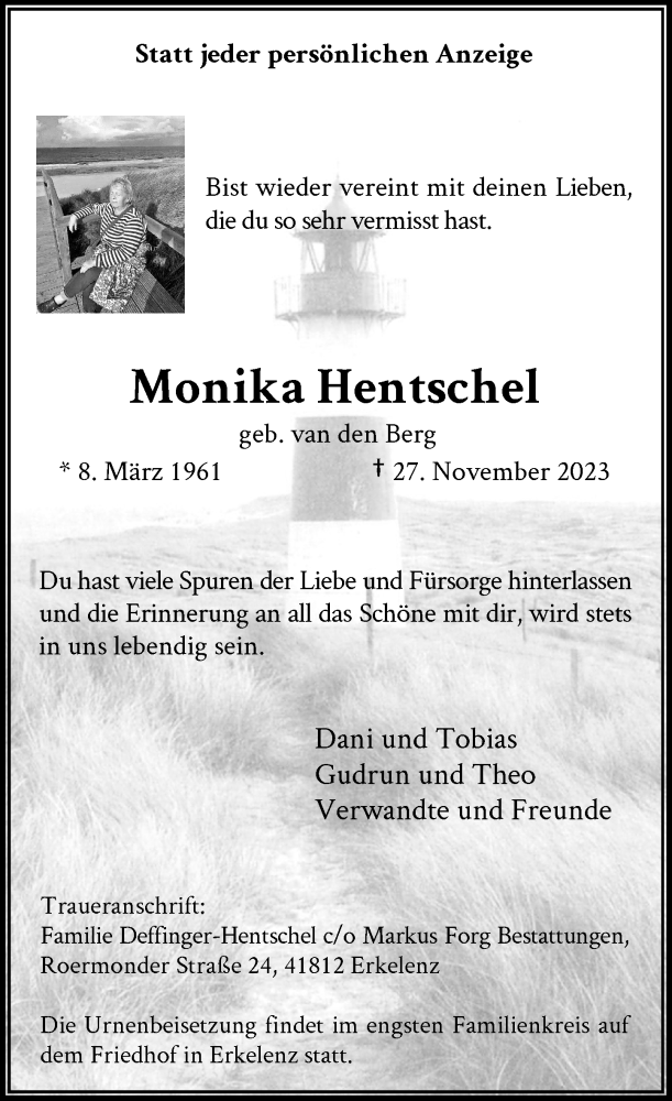  Traueranzeige für Monika Hentschel vom 02.12.2023 aus Rheinische Post