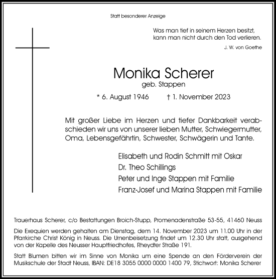 Traueranzeige von Monika Scherer von Rheinische Post