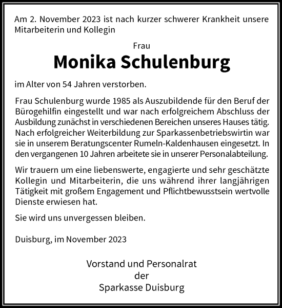 Traueranzeige von Monika Schulenburg von Rheinische Post