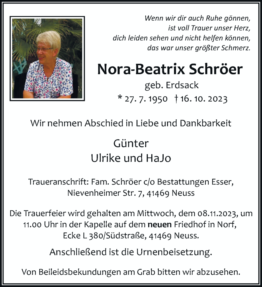  Traueranzeige für Nora-Beatrix Schröer vom 04.11.2023 aus Rheinische Post