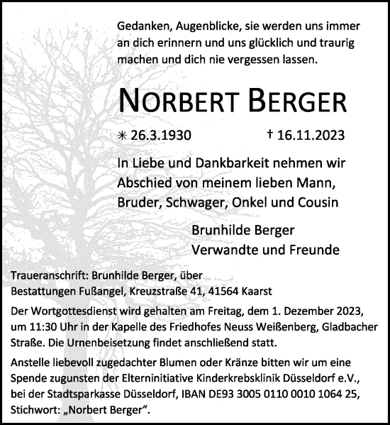 Traueranzeige von Norbert Berger von Rheinische Post