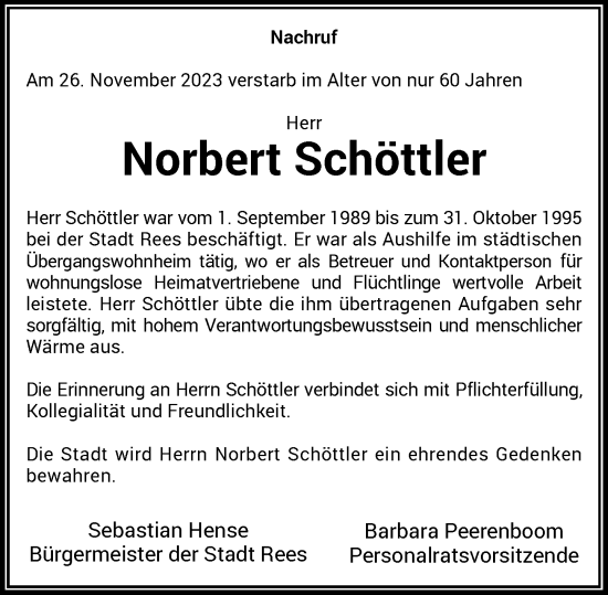 Traueranzeige von Norbert Schöttler von Rheinische Post