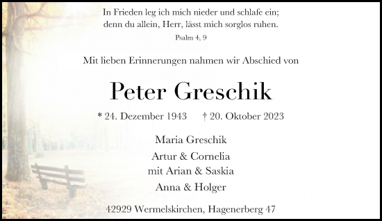 Traueranzeige von Peter Greschik von Rheinische Post