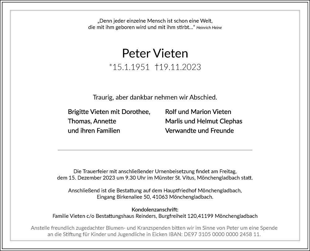  Traueranzeige für Peter Vieten vom 02.12.2023 aus Rheinische Post