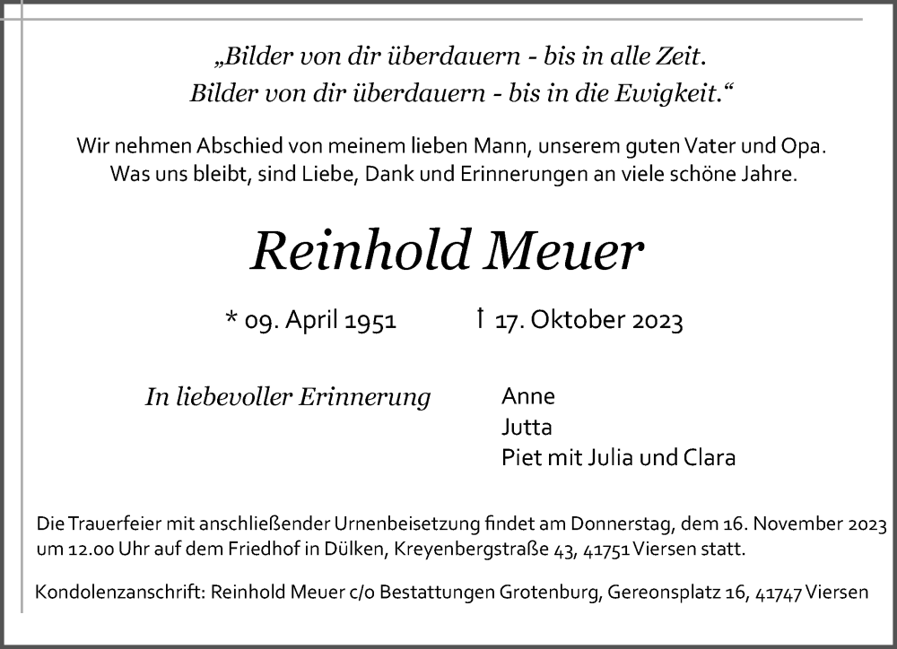  Traueranzeige für Reinhold Meuer vom 11.11.2023 aus Rheinische Post