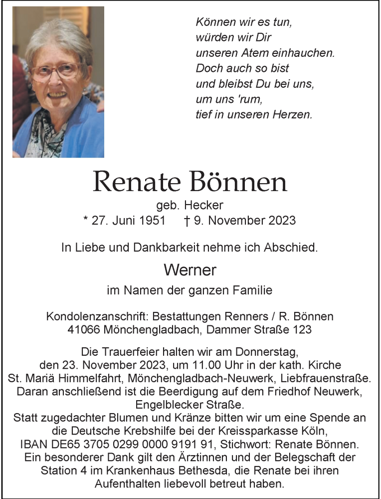  Traueranzeige für Renate Bönnen vom 22.11.2023 aus Rheinische Post