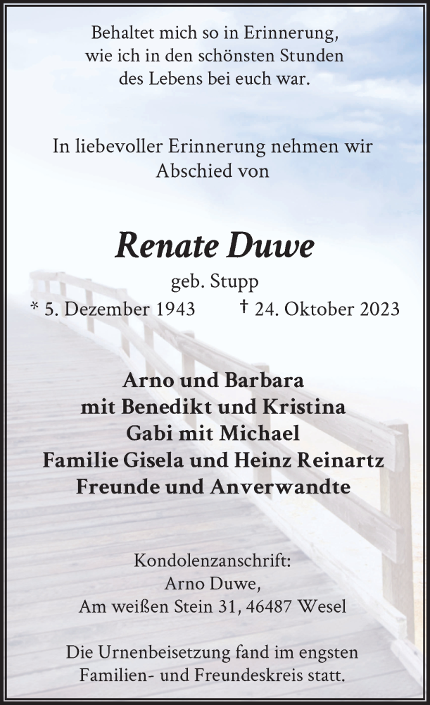  Traueranzeige für Renate Duwe vom 11.11.2023 aus Rheinische Post