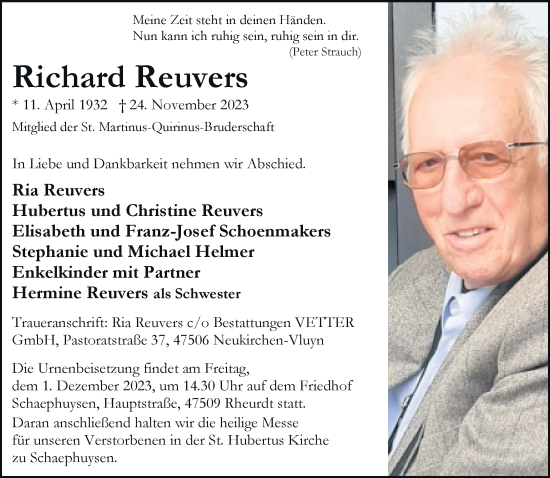 Traueranzeige von Richard Reuvers von Rheinische Post