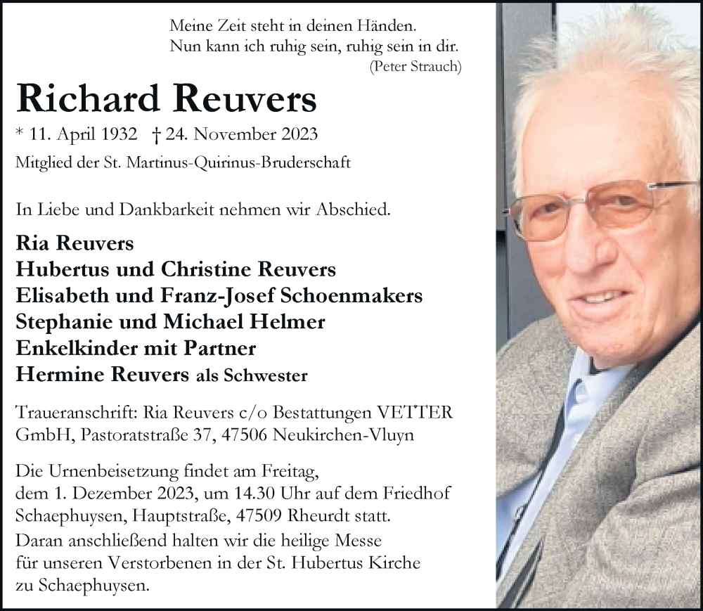  Traueranzeige für Richard Reuvers vom 29.11.2023 aus Rheinische Post