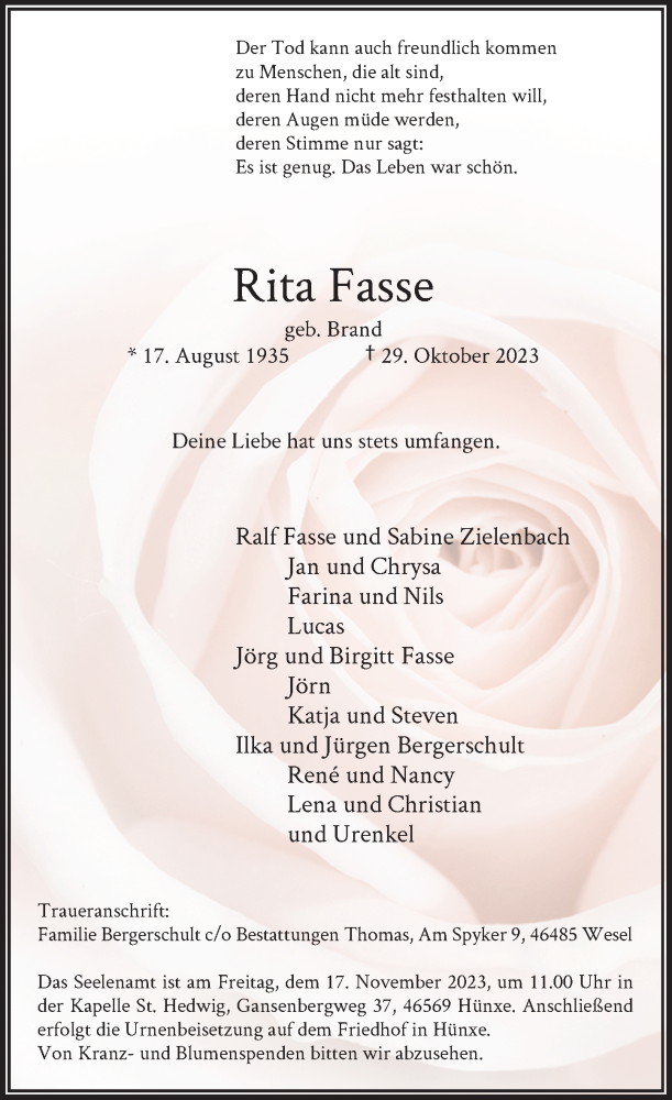  Traueranzeige für Rita Fasse vom 11.11.2023 aus Rheinische Post
