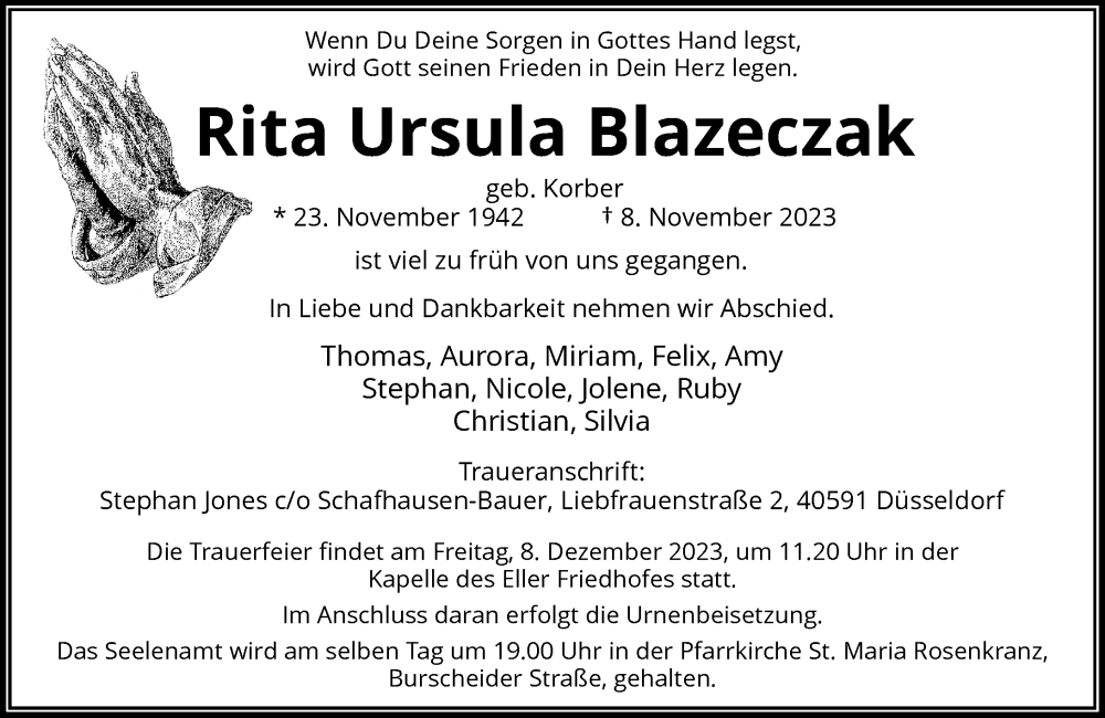  Traueranzeige für Rita Ursula Blazeczak vom 02.12.2023 aus Rheinische Post