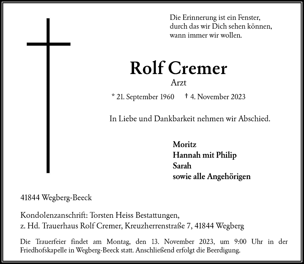  Traueranzeige für Rolf Cremer vom 11.11.2023 aus Rheinische Post