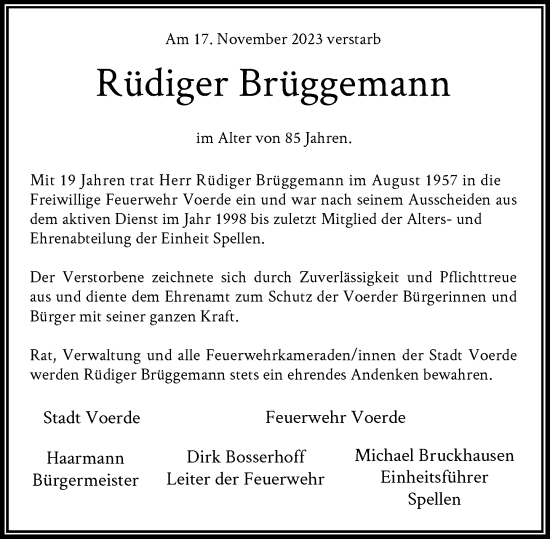 Traueranzeige von Rüdiger Brüggemann von Rheinische Post