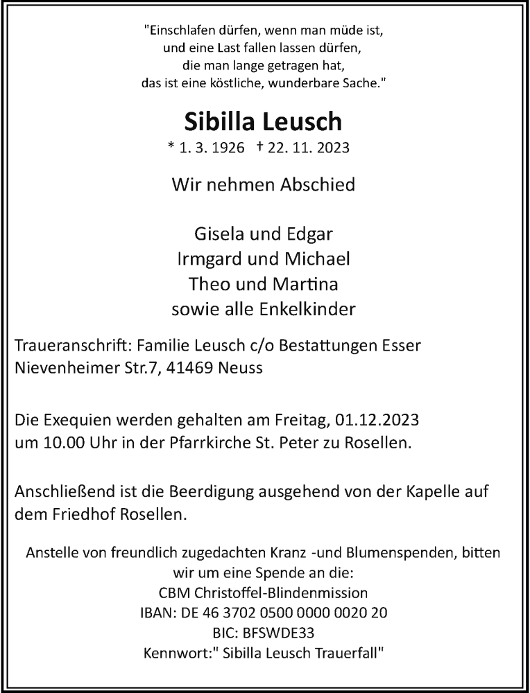  Traueranzeige für Sibilla Leusch vom 25.11.2023 aus Rheinische Post