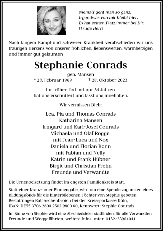 Traueranzeige von Stephanie Conrads von Rheinische Post