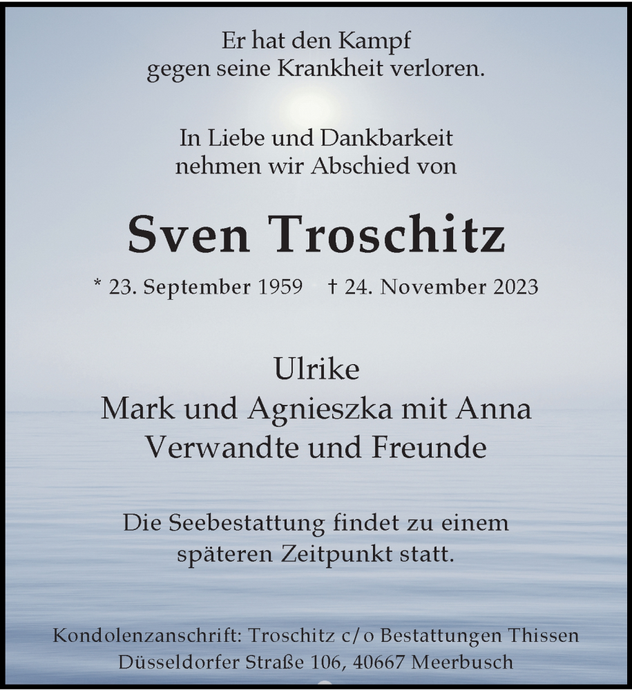  Traueranzeige für Sven Troschitz vom 02.12.2023 aus Rheinische Post