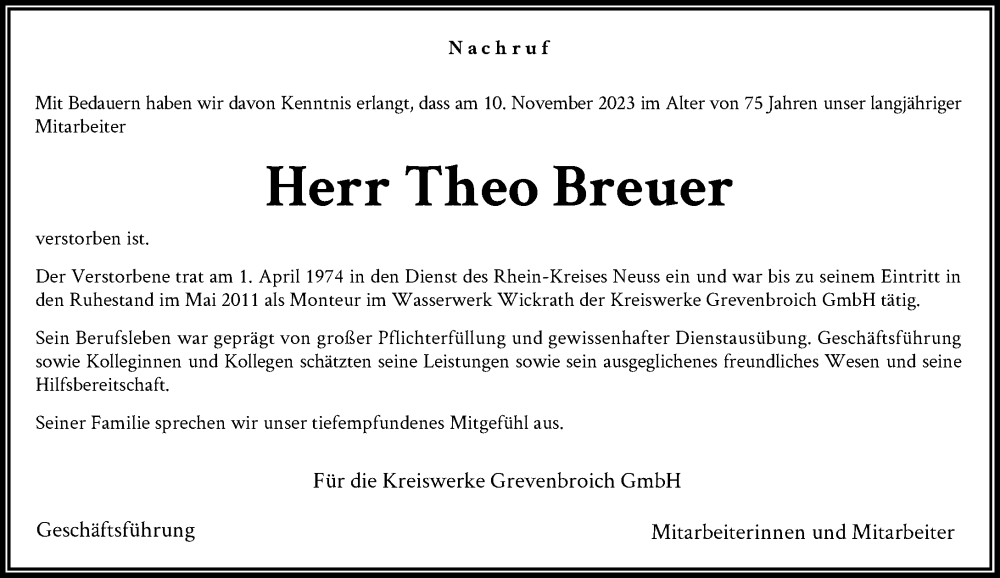  Traueranzeige für Theo Breuer vom 25.11.2023 aus Rheinische Post