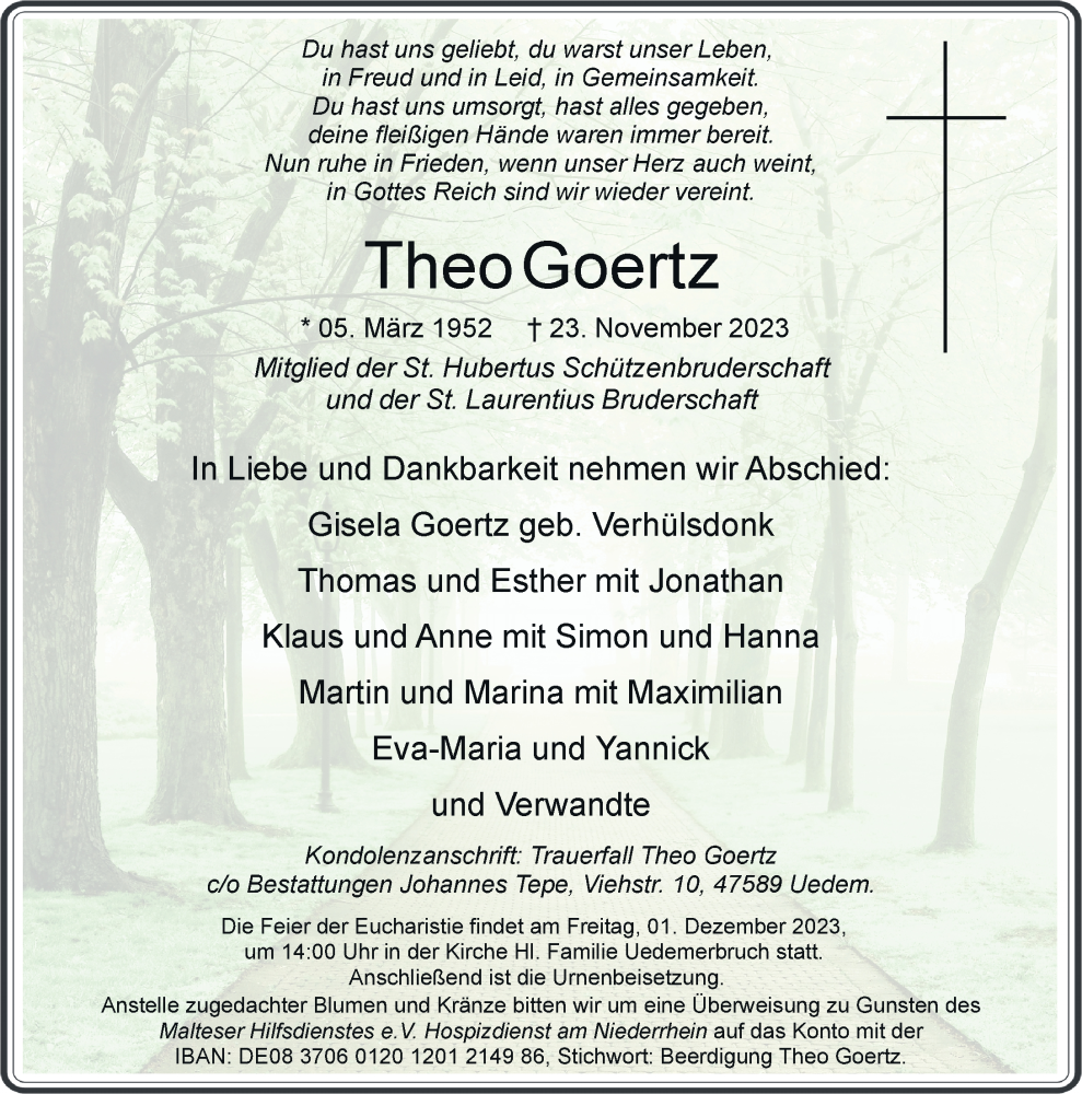  Traueranzeige für Theo Goertz vom 25.11.2023 aus Rheinische Post
