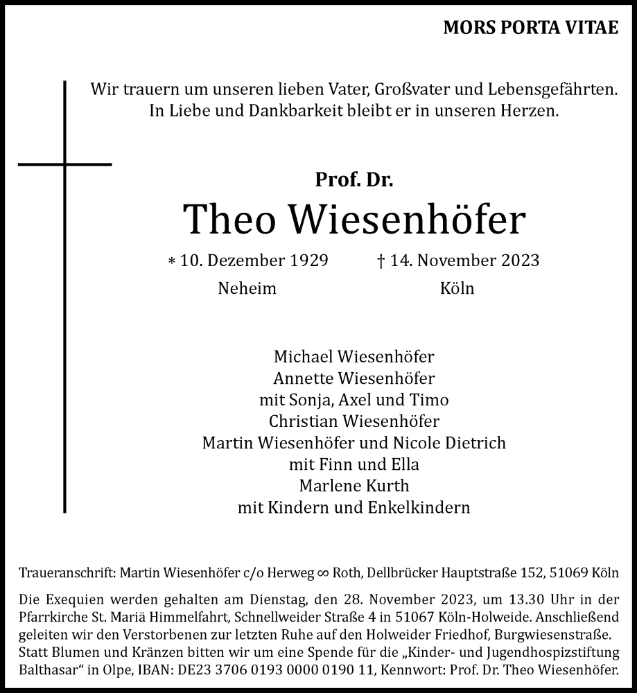  Traueranzeige für Theo Wiesenhöfer vom 25.11.2023 aus Rheinische Post