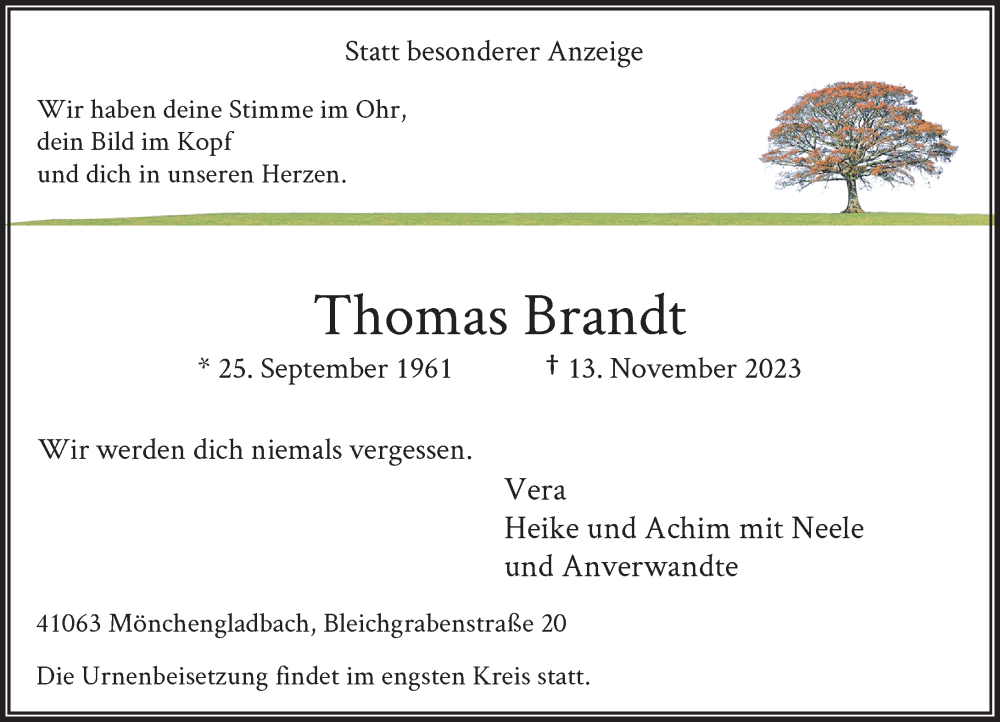  Traueranzeige für Thomas Brandt vom 25.11.2023 aus Rheinische Post