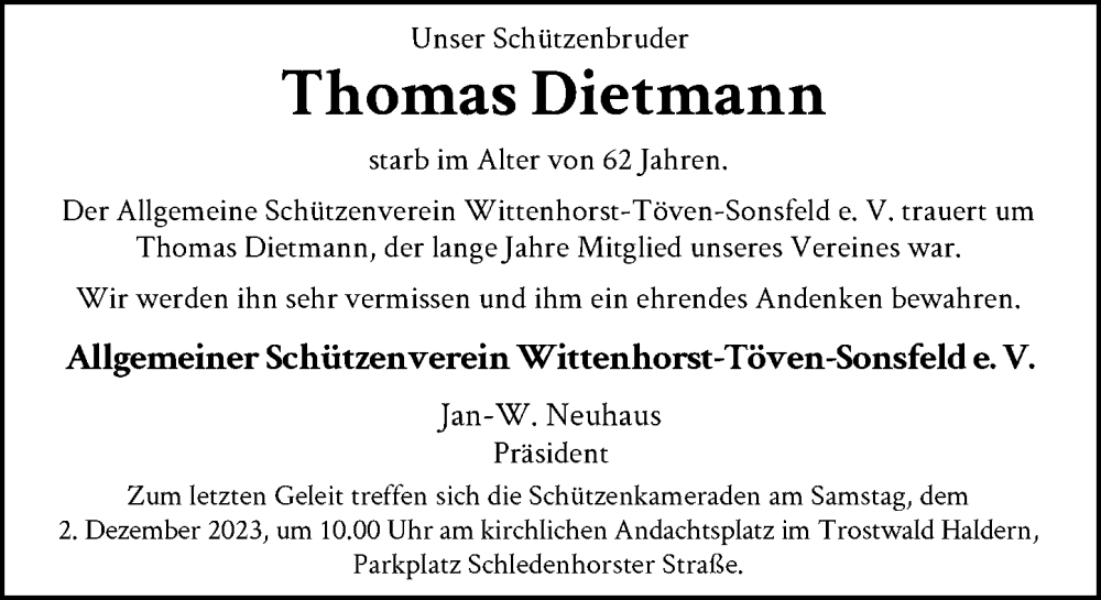  Traueranzeige für Thomas Dietmann vom 27.11.2023 aus Rheinische Post