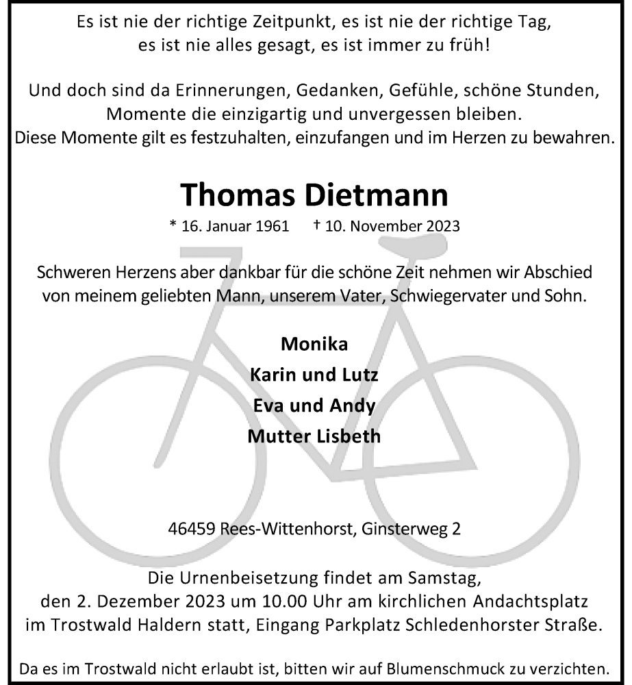  Traueranzeige für Thomas Dietmann vom 27.11.2023 aus Rheinische Post