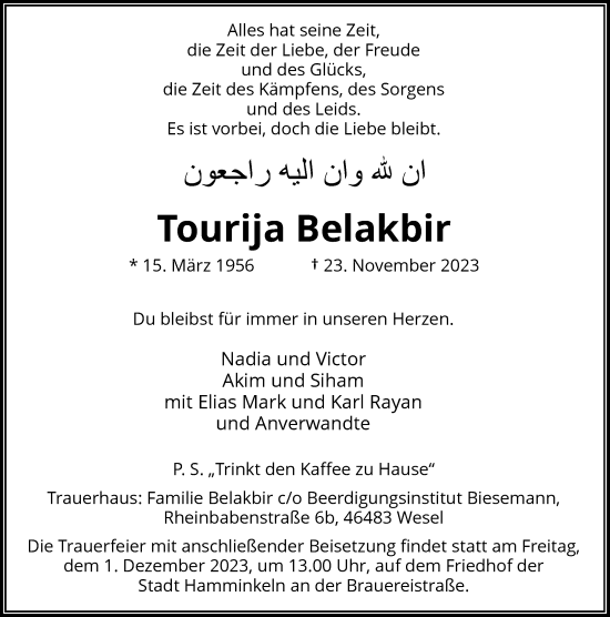 Traueranzeige von Tourija Belakbir von Rheinische Post