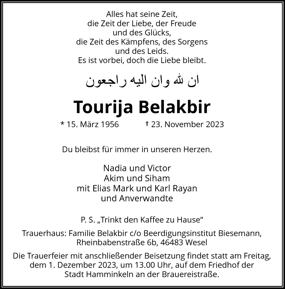  Traueranzeige für Tourija Belakbir vom 29.11.2023 aus Rheinische Post